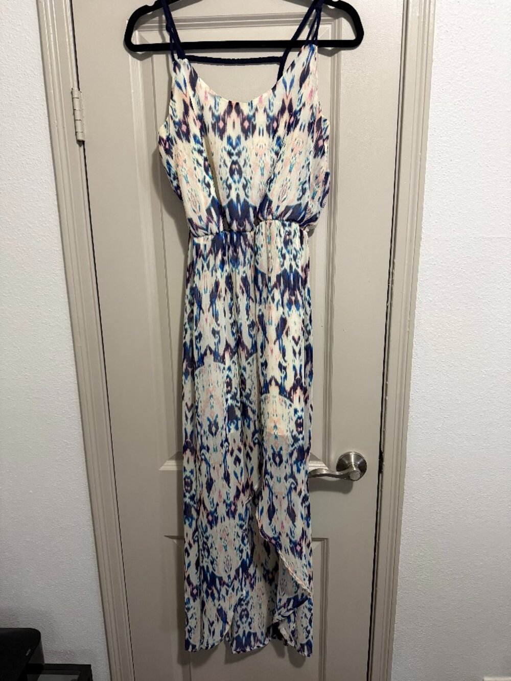 Women's Braided Spaghetti Strap V-Neck Aztec Print High Low Maxi Dress Small